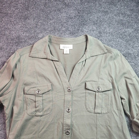 Style & Co. Tops - Style & Co Petite PM Olive Green Cotton Utility Button Down Roll Tab Shirt